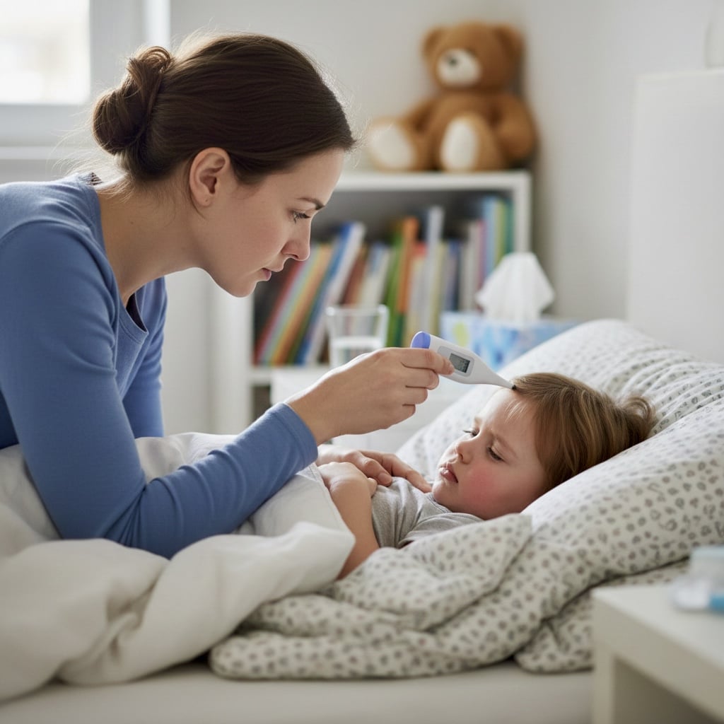 Mother checking dangerous toddler illnesses symptoms with digital thermometer on sick child