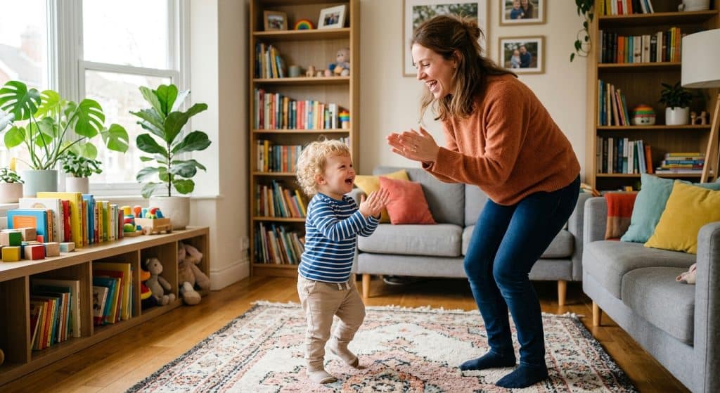 Nanny singing and clapping with toddler to support language through music and rhythm