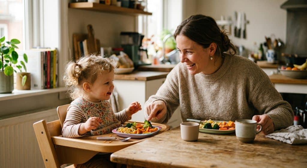 Caregiver narrating mealtime activities to boost toddler language development