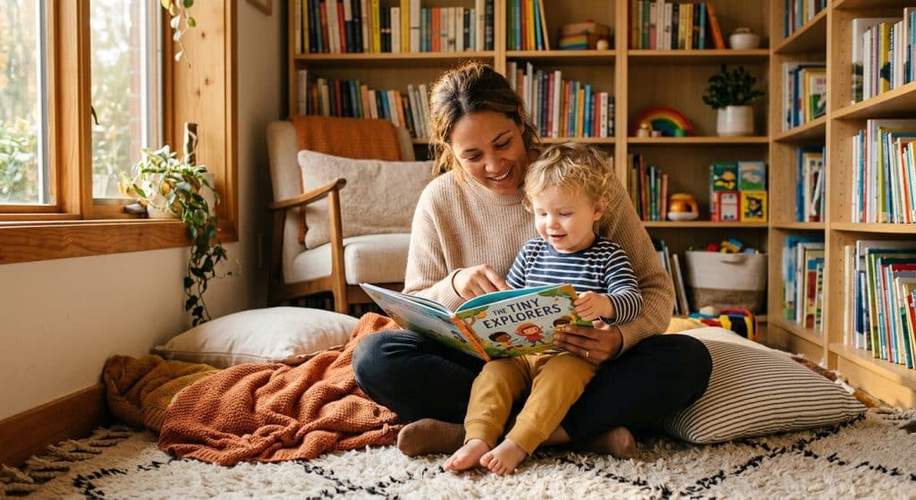 Nanny reading with toddler using predictive questions to build communication skills