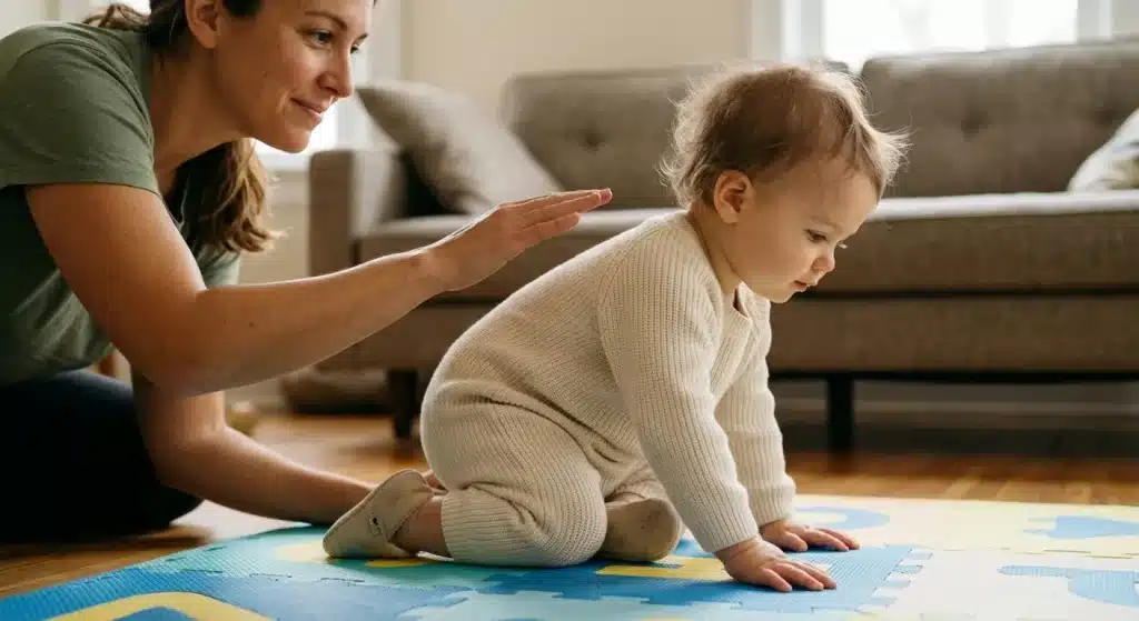 Caregiver letting a toddler fall safely onto a padded mat, part of confident walking development