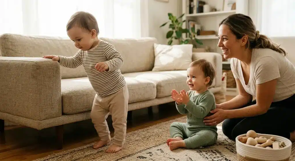 Toddlers cruising and watching each other walk, showing how nanny walking methods use peer motivation