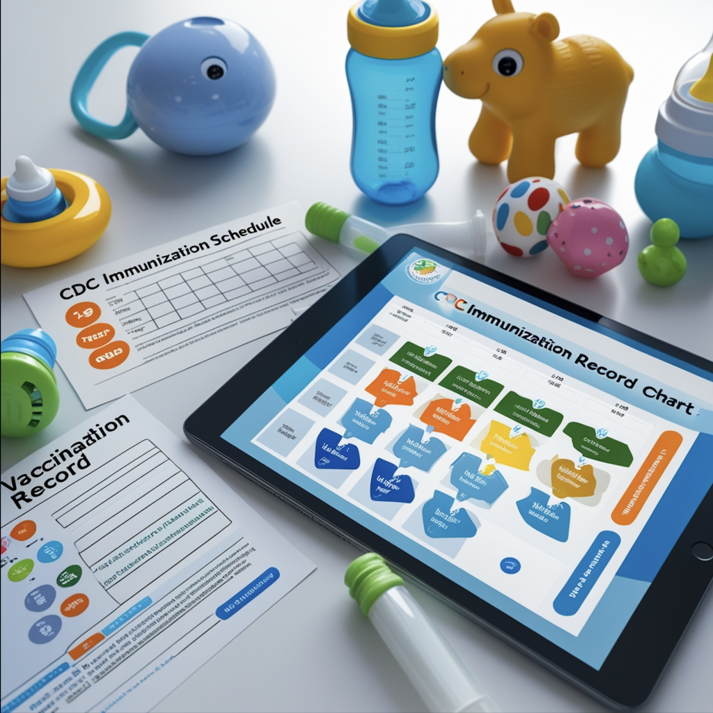 Organized vaccination schedule, records and immunization documentation showing systematic approach to tracking baby's health and vaccine compliance planning