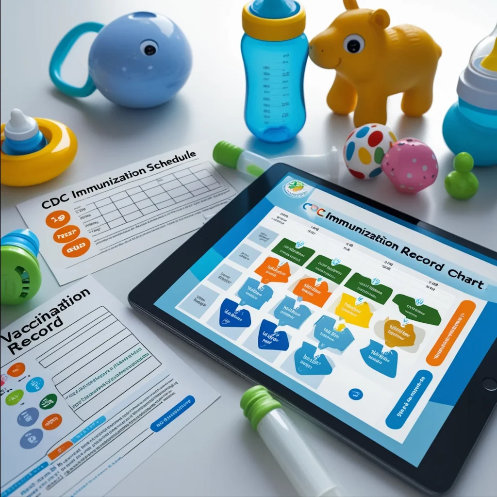 Organized vaccination schedule, records and immunization documentation showing systematic approach to tracking baby's health and vaccine compliance planning