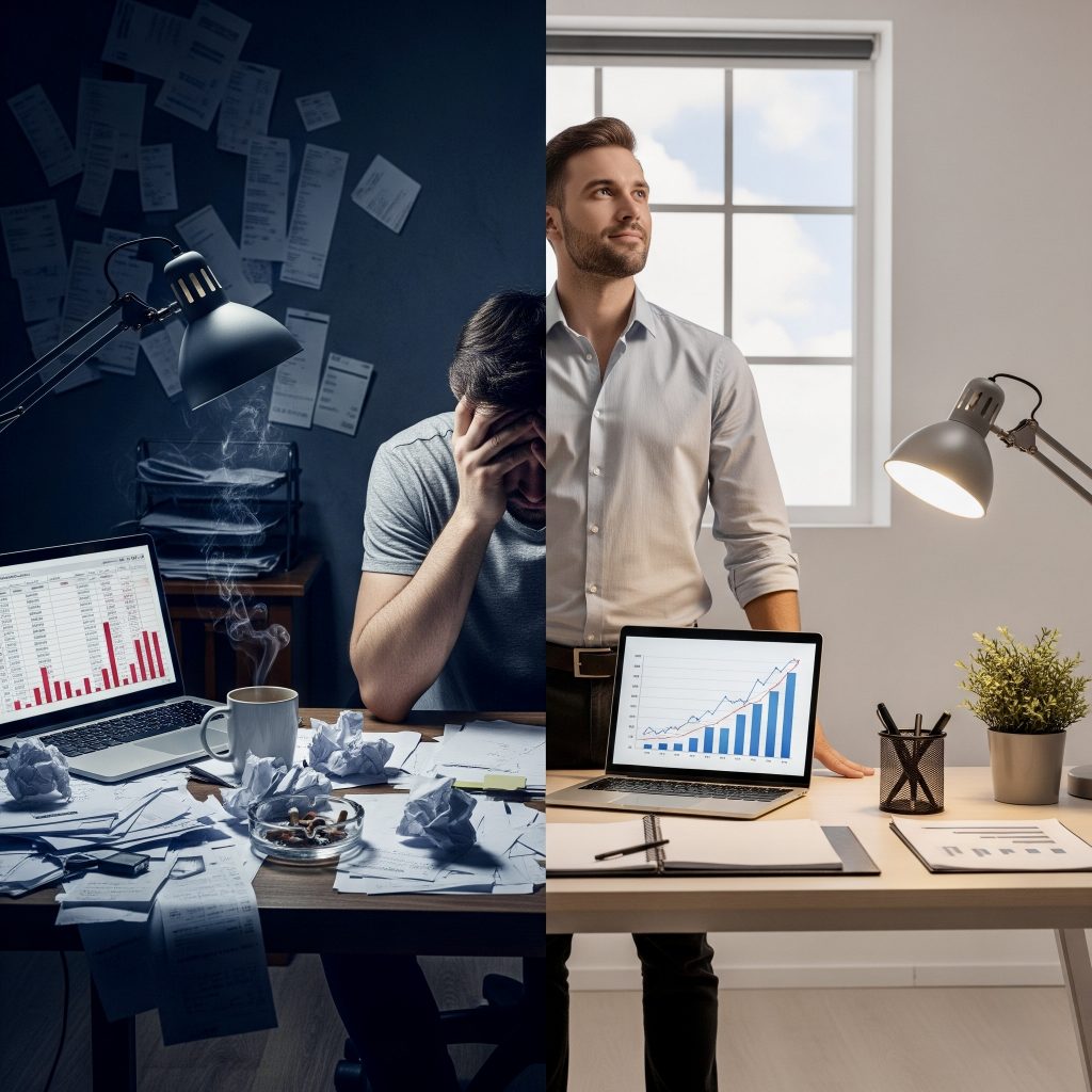 Before and after transformation showing power of positive thinking during difficult situations.