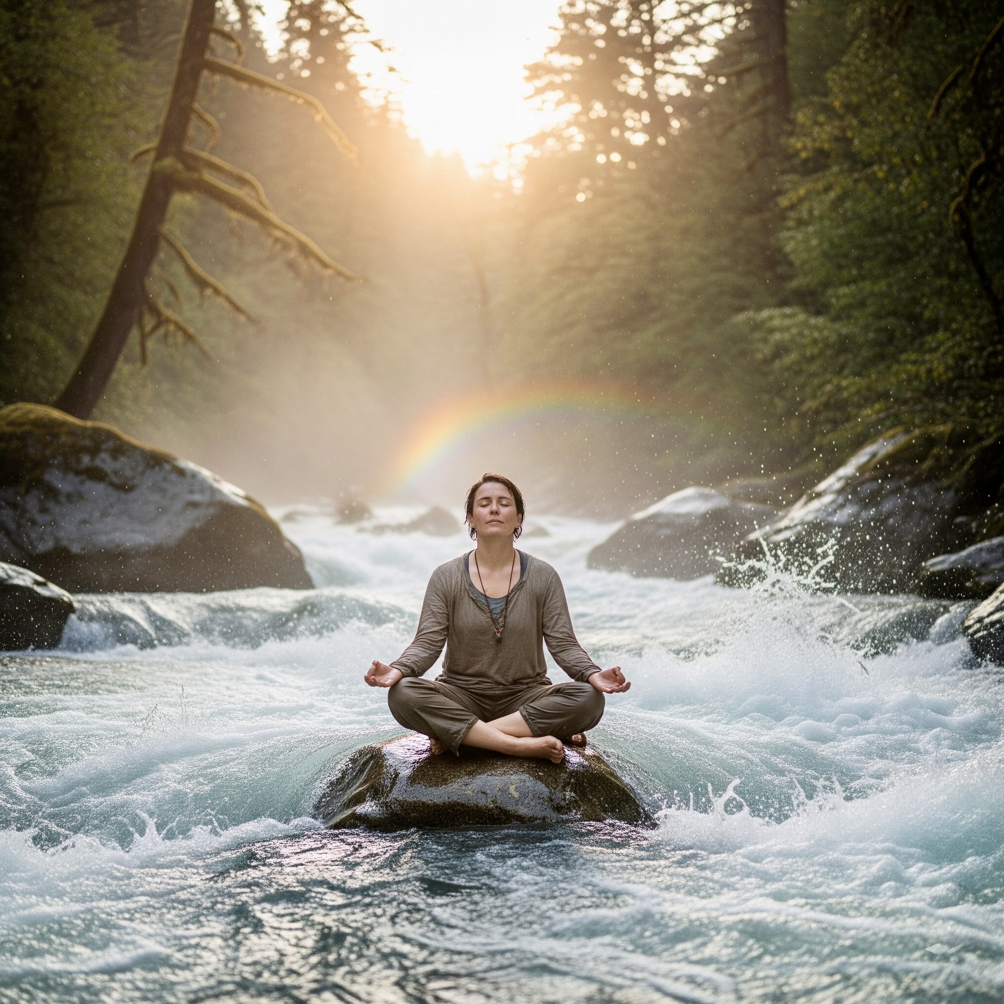 Person demonstrating mindful living chaotic times by maintaining calm meditation amid rushing water chaos