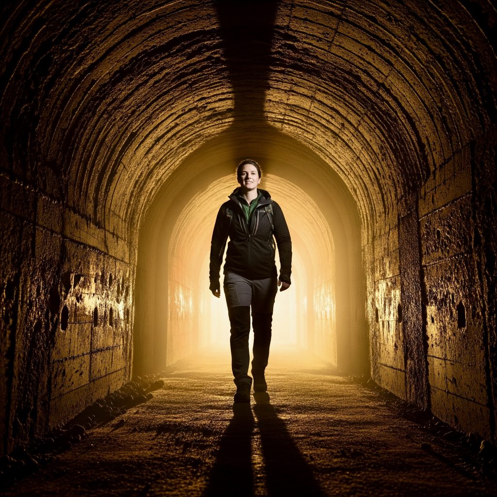 Person walking toward light in tunnel representing positive thinking hard times journey from darkness to hope.