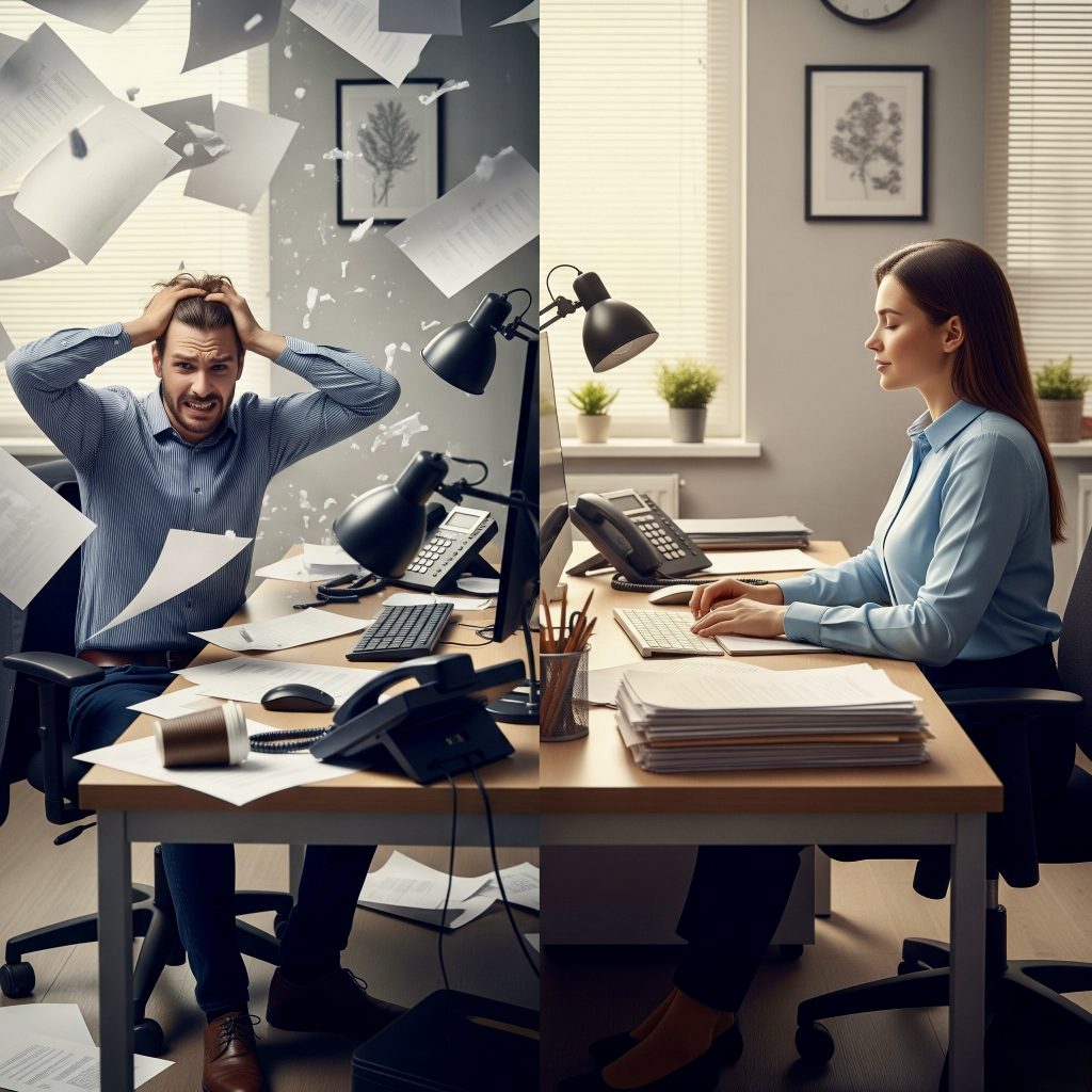 Office comparison showing mindfulness during chaos versus chaotic stress in workplace environment