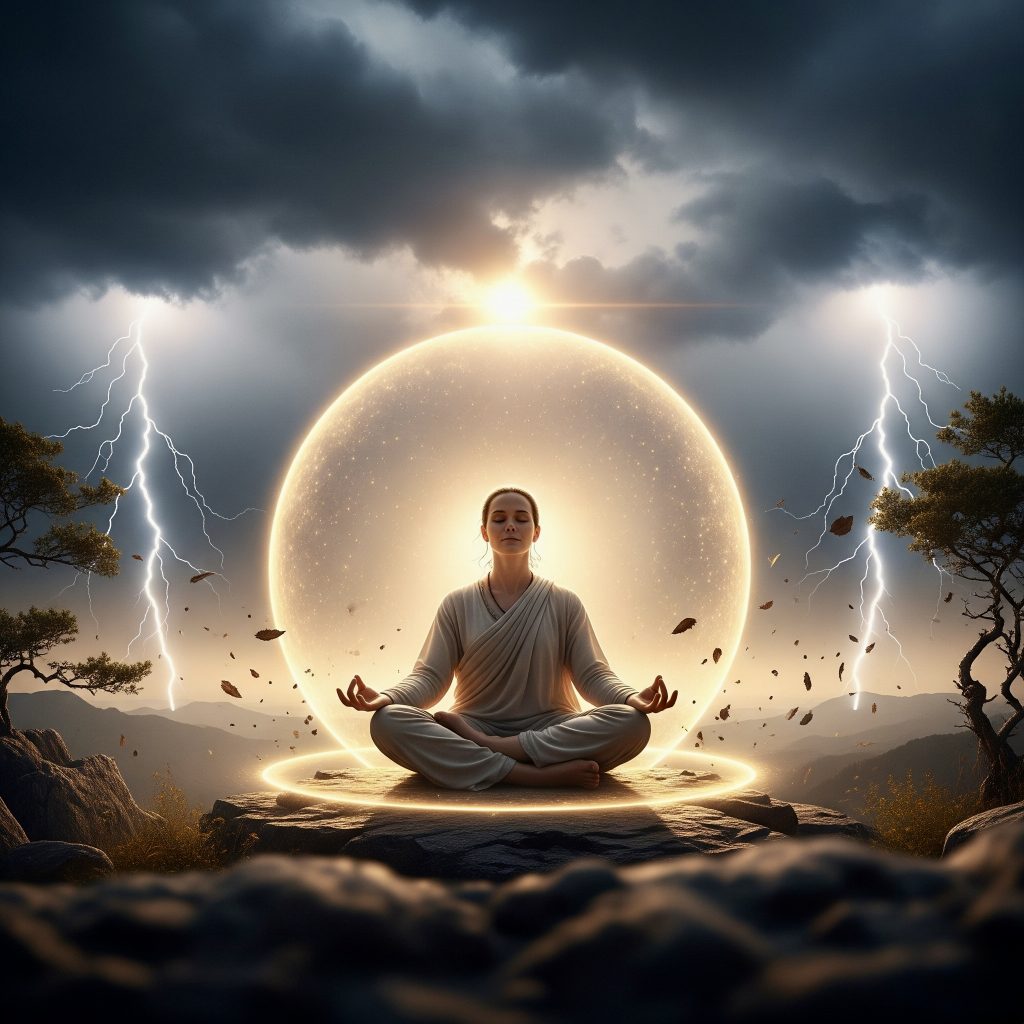 Person demonstrating emotional resilience skills with protective energy deflecting life challenges and stress