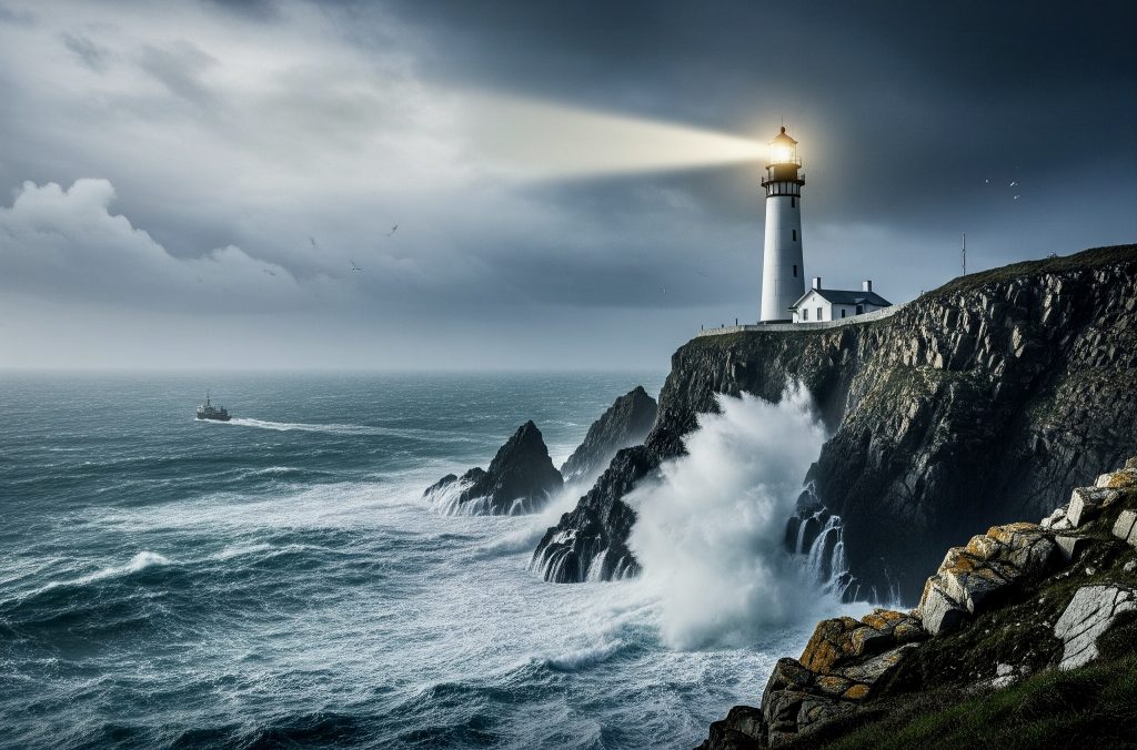 "Lighthouse representing calm in chaotic world and being beacon of peace during storms"
