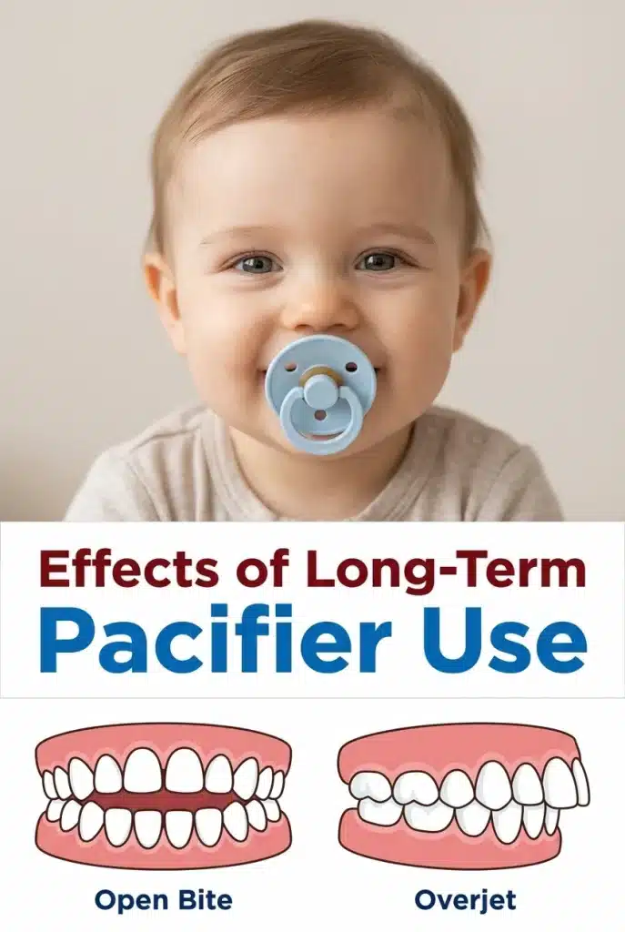Can pacifiers cause speech delay? Baby with a pacifier above illustrations of open bite and overjet, two effects of long-term pacifier use.