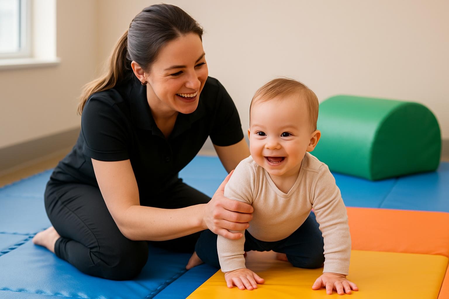 Nanny assisting baby during floor time to build walking strength and confidence. Floor time walking techniques