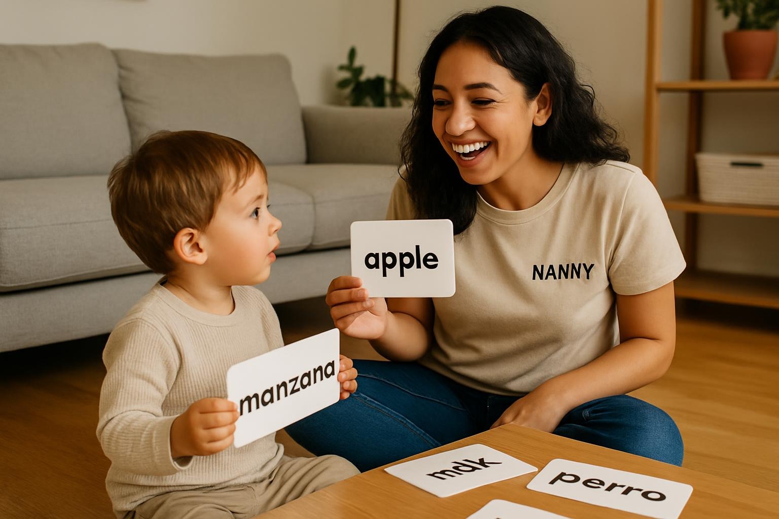 Nanny Walking Methods. Bilingual nanny introducing vocabulary in English and Spanish during routine.