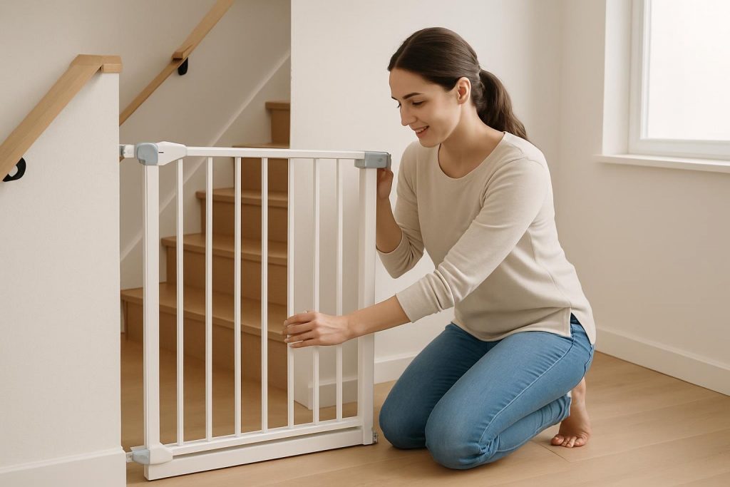 Mother securing a baby safety gate on staircase to