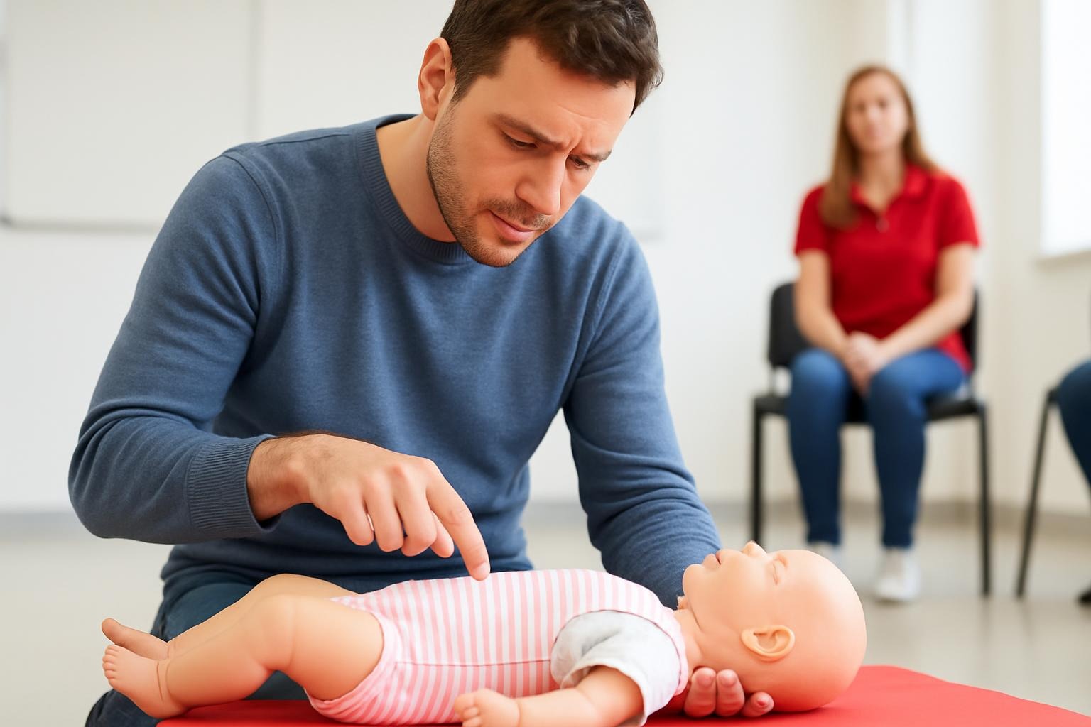 Parent learning baby safety CPR for emergency preparedness