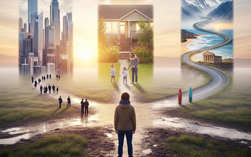 Person at crossroads representing stress management life transitions and choosing new life directions