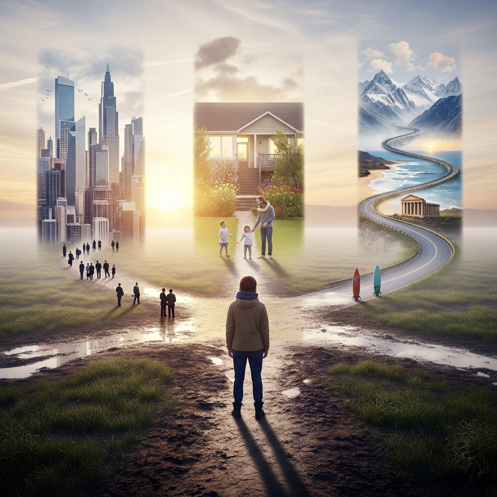 Person at crossroads representing stress management life transitions and choosing new life directions