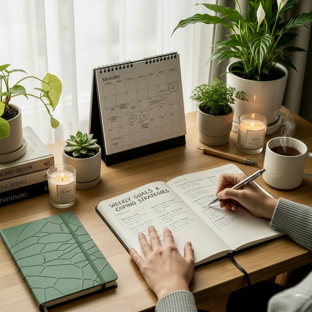 Organized workspace demonstrating managing change anxiety through planning and transition stress relief techniques