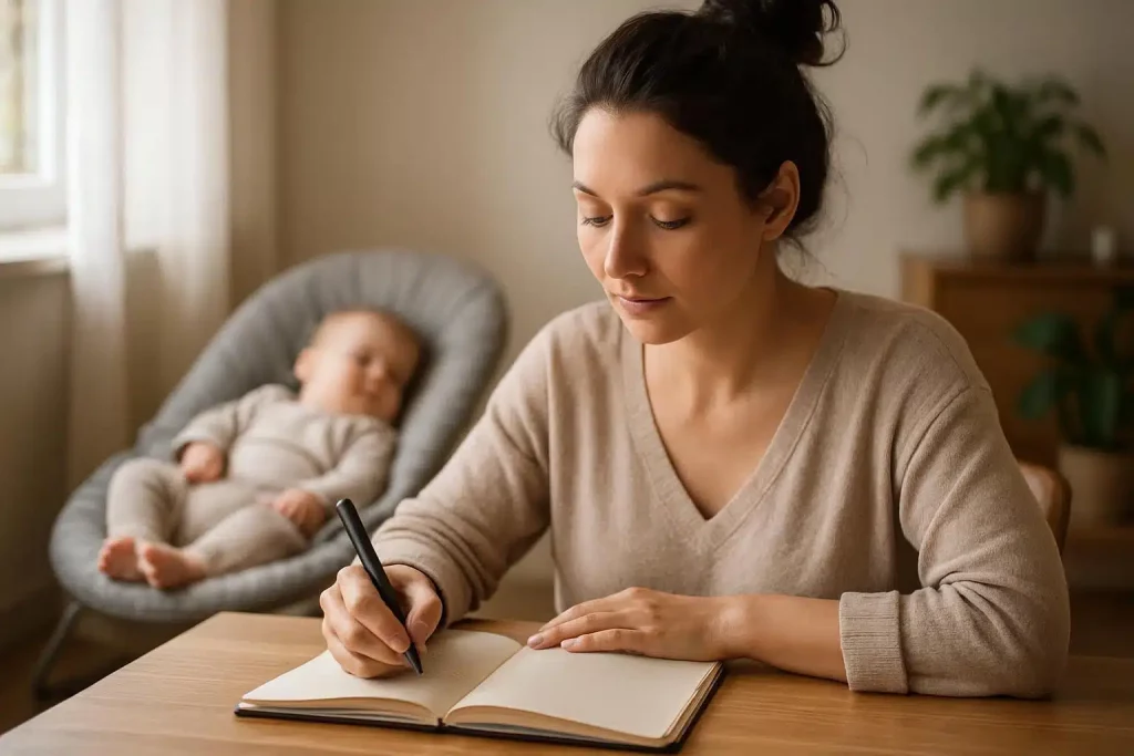 Mother processing identity crisis through journaling and self-reflection
