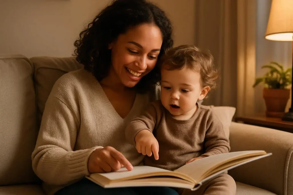 Mother teaching toddler while reading, embracing role as guide in purposeful parenting
