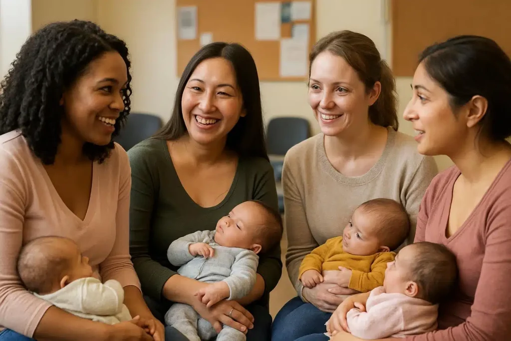 New mothers supporting each other through identity crisis in community group setting.