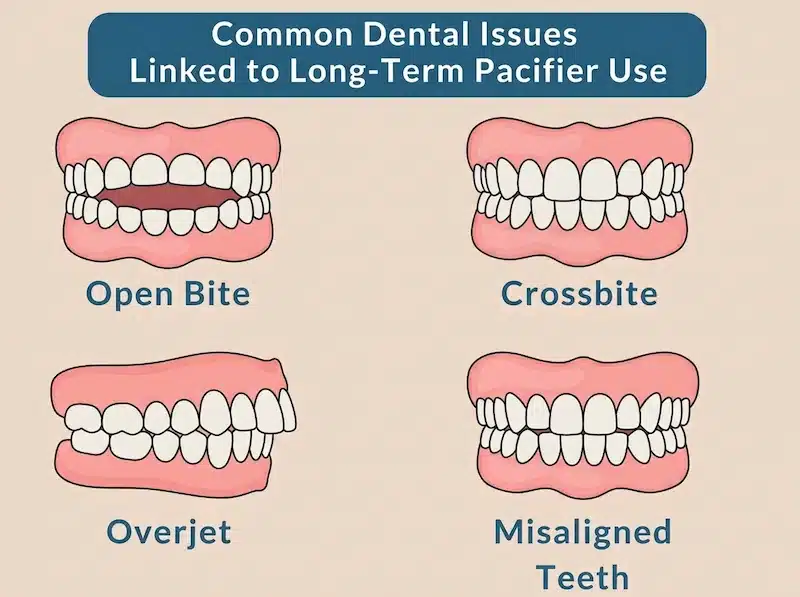 Infographic of common pacifier dental problems: open bite, crossbite, overjet, and misaligned teeth.