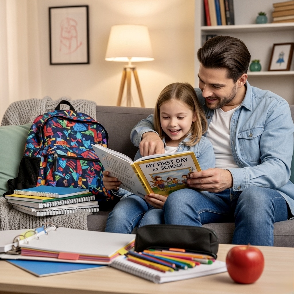 Parent helping with school preparation by reading educational books at home