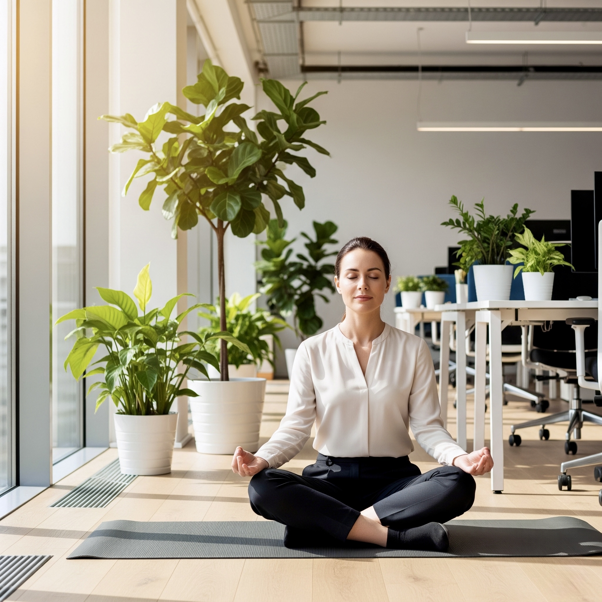 Woman practicing daily habits for mental clarity through meditation in organized workspace
