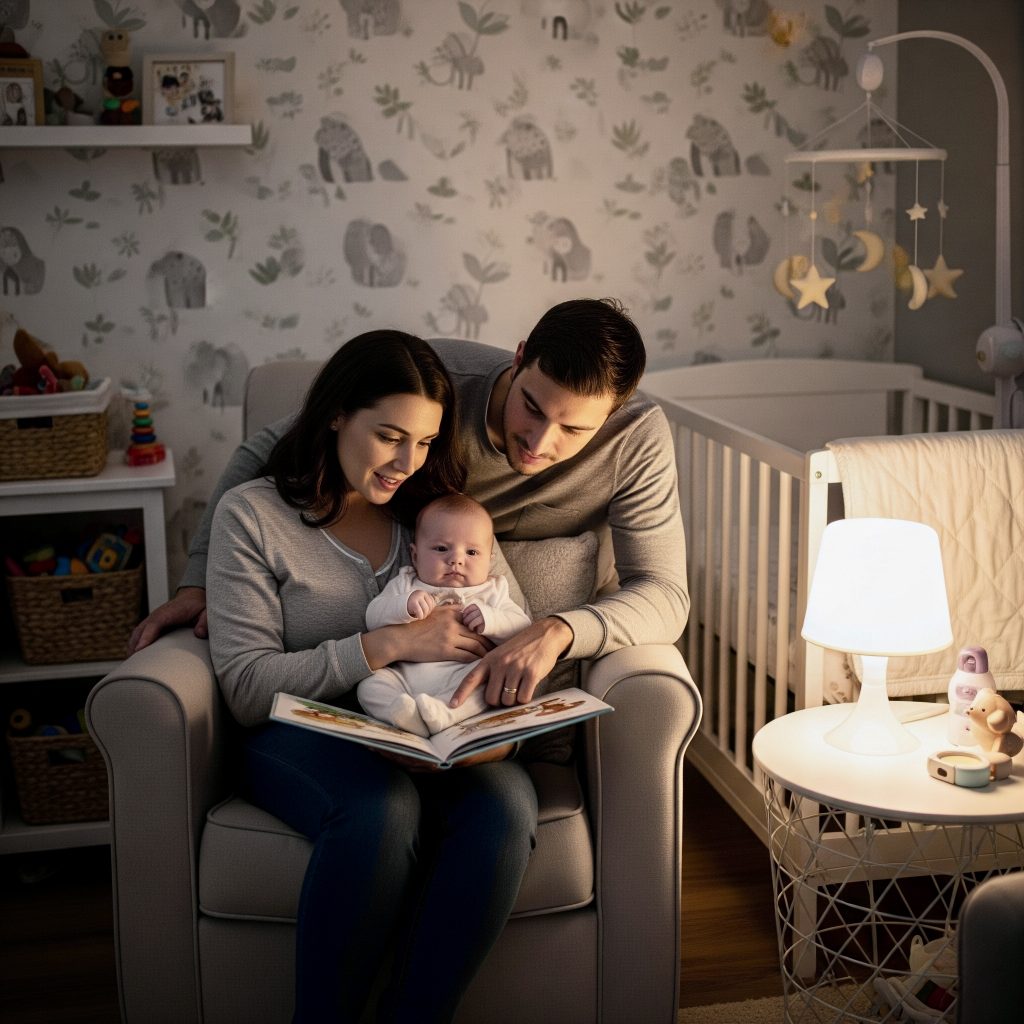 Parents reading bedtime story. Family traditions new baby creating meaningful.