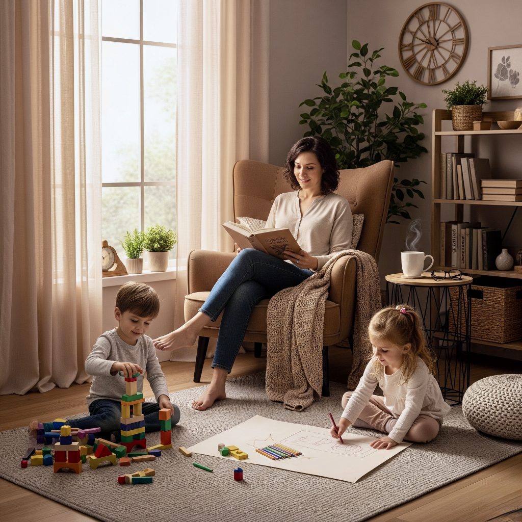 Parent reading while children play representing parental self care strategies and healthy family boundaries