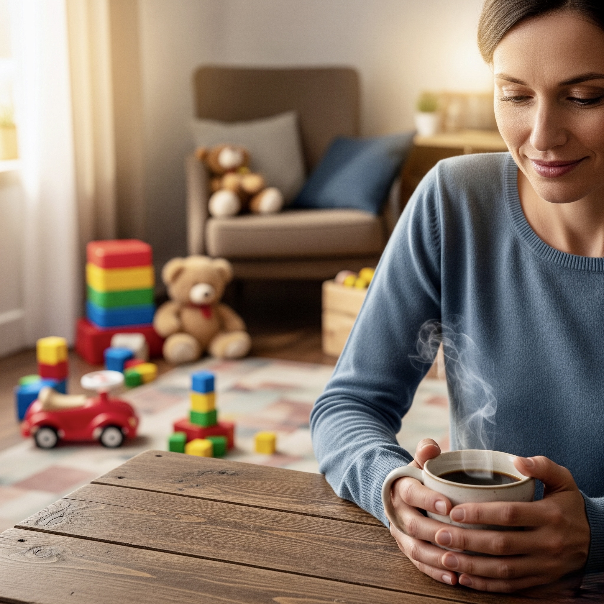 Parent enjoying quiet morning coffee representing self care overwhelmed parents and peaceful moments amid family life