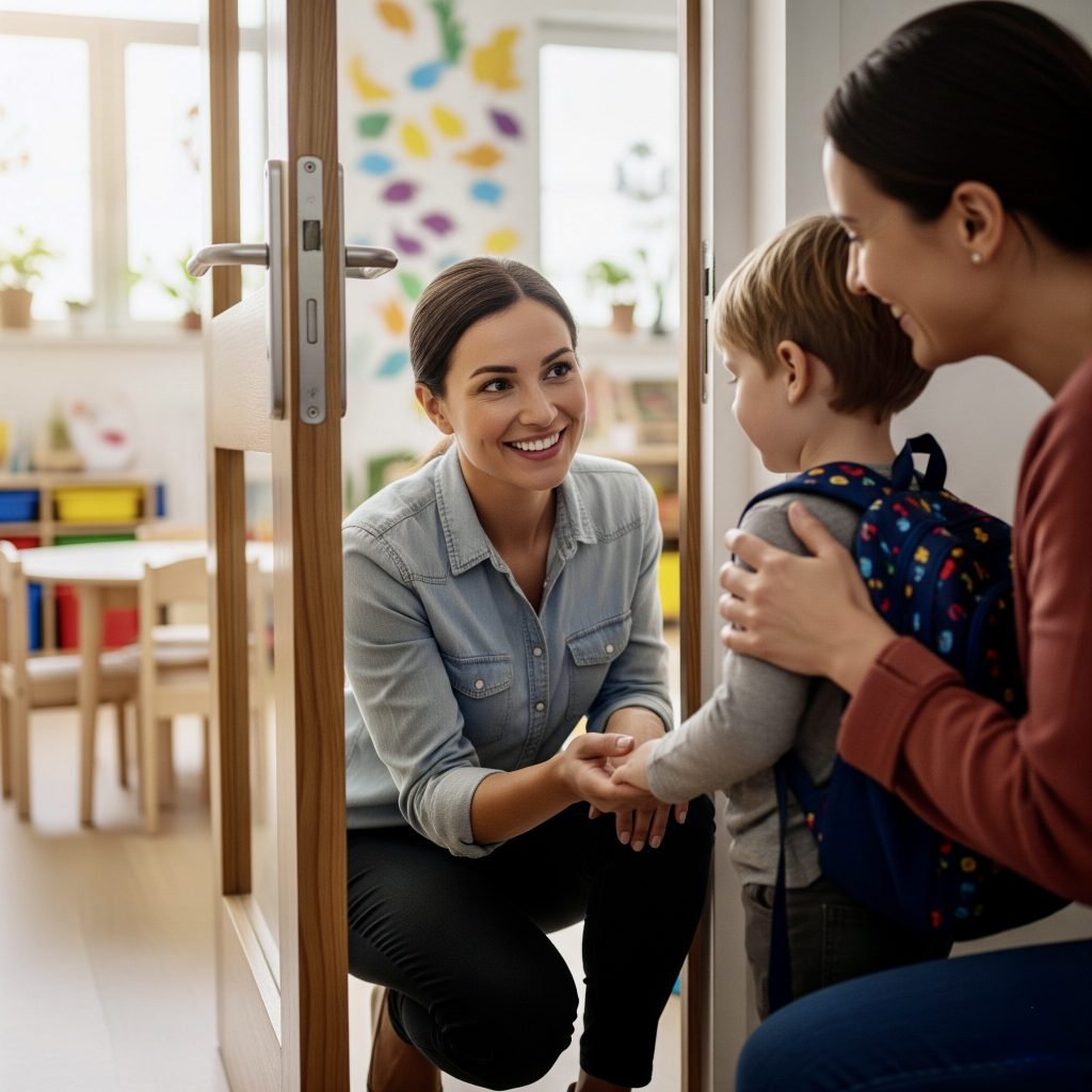 Teacher managing separation anxiety school situation during morning drop-off routine