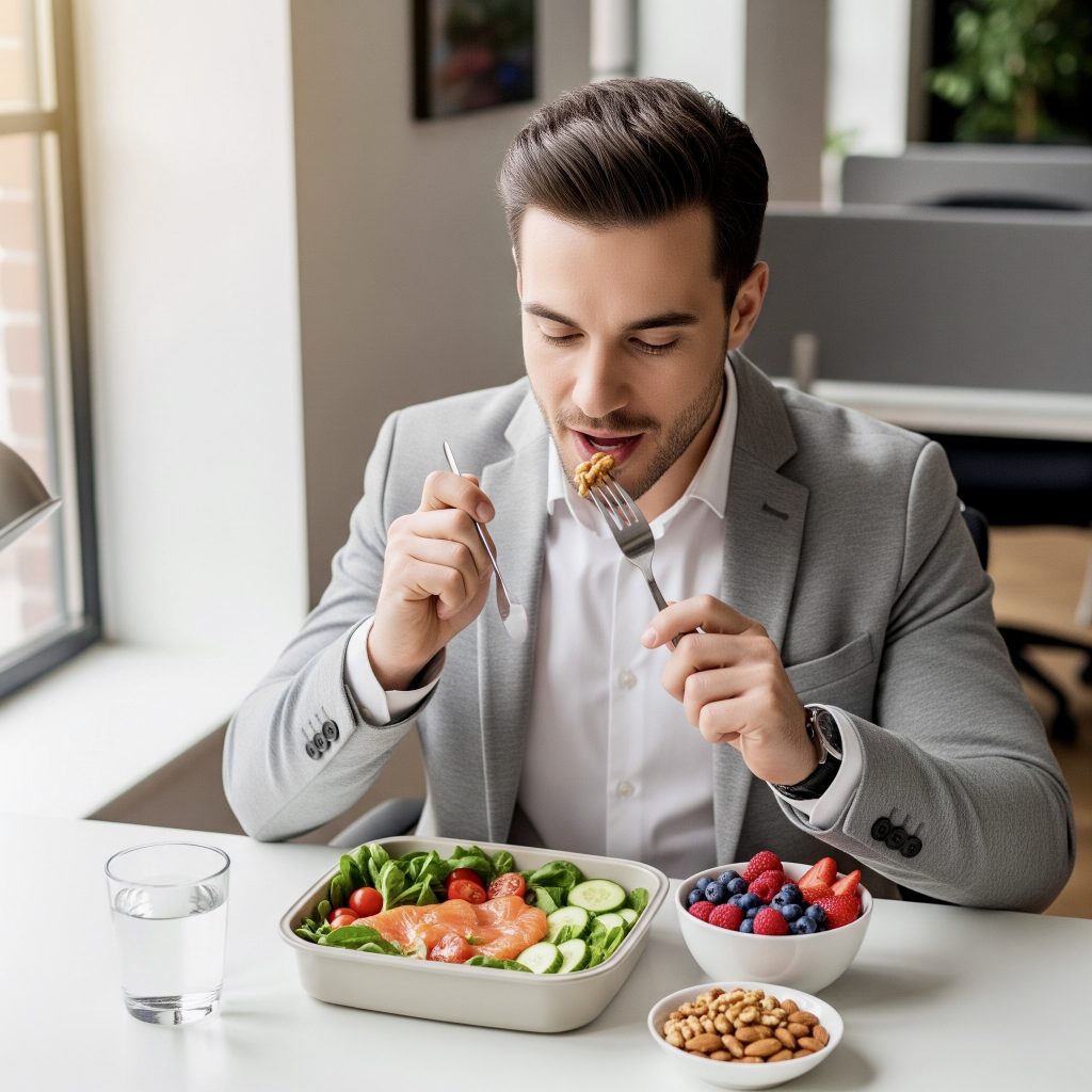 Professional enjoying nutrition food for focus lunch demonstrating cognitive nutrition in workplace environment