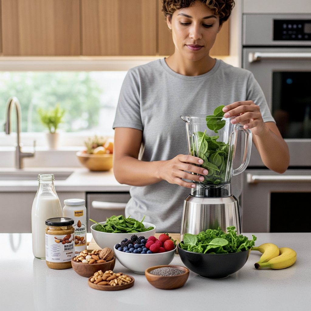 Person preparing brain-healthy smoothie representing cognitive nutrition brain health focus, a guide and meal planning for mental performance