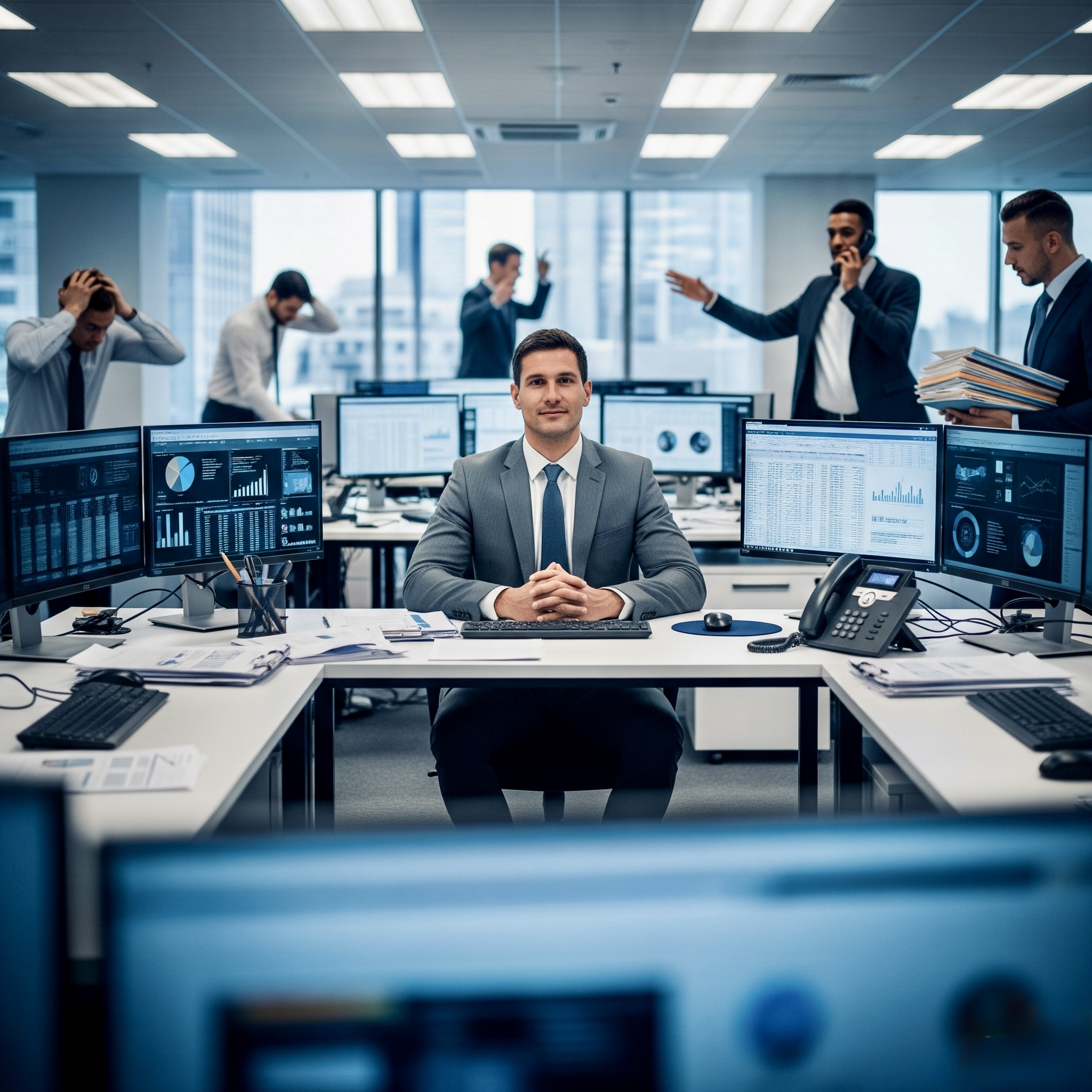 Calm professional demonstrating stress management busy professionals techniques in hectic office environment"