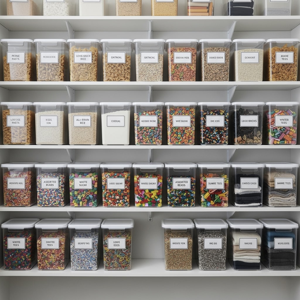 Decluttering methods include clear home storage solutions for easy identification 