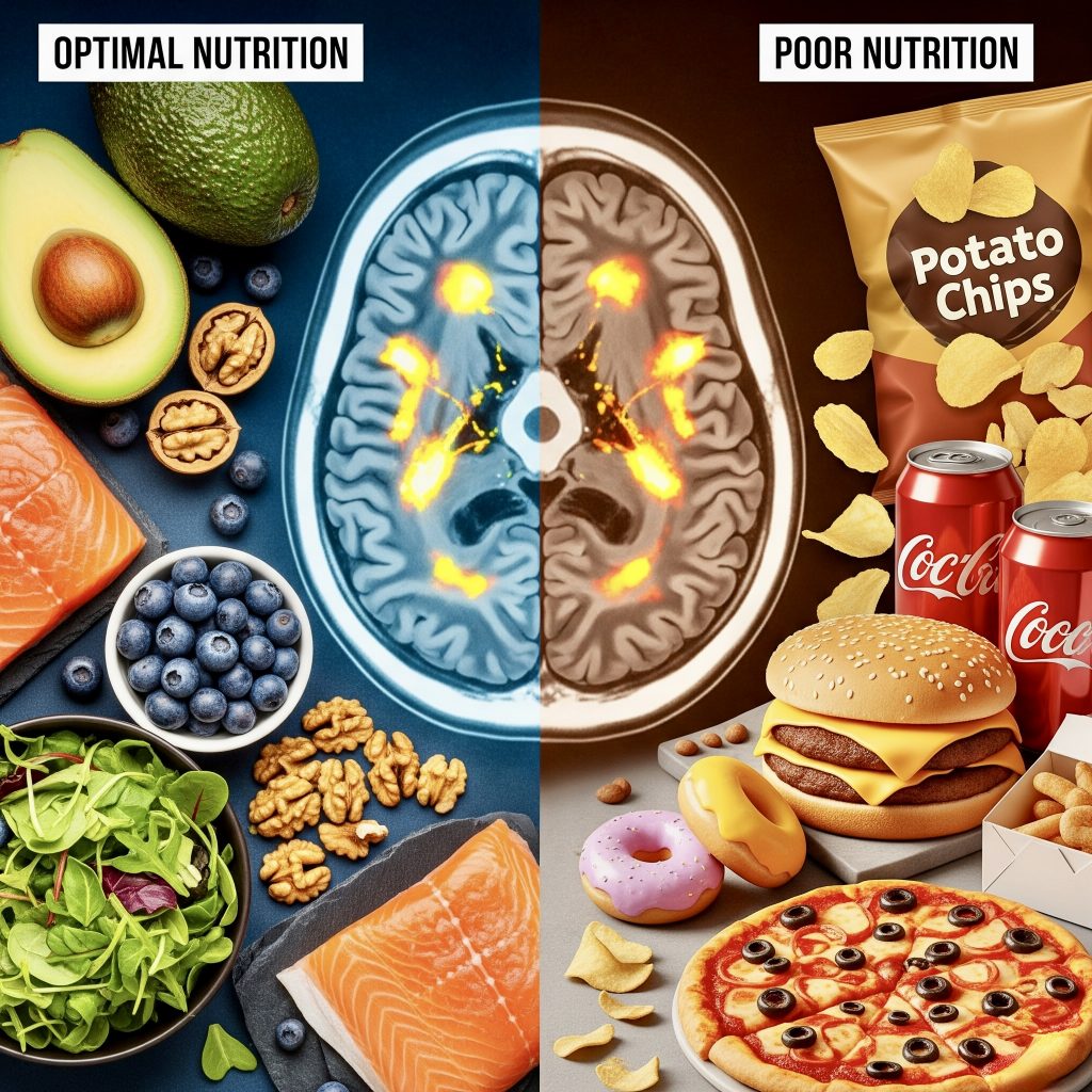 Brain scan comparison showing brain healthy eating impact on cognitive function and mental performance optimization