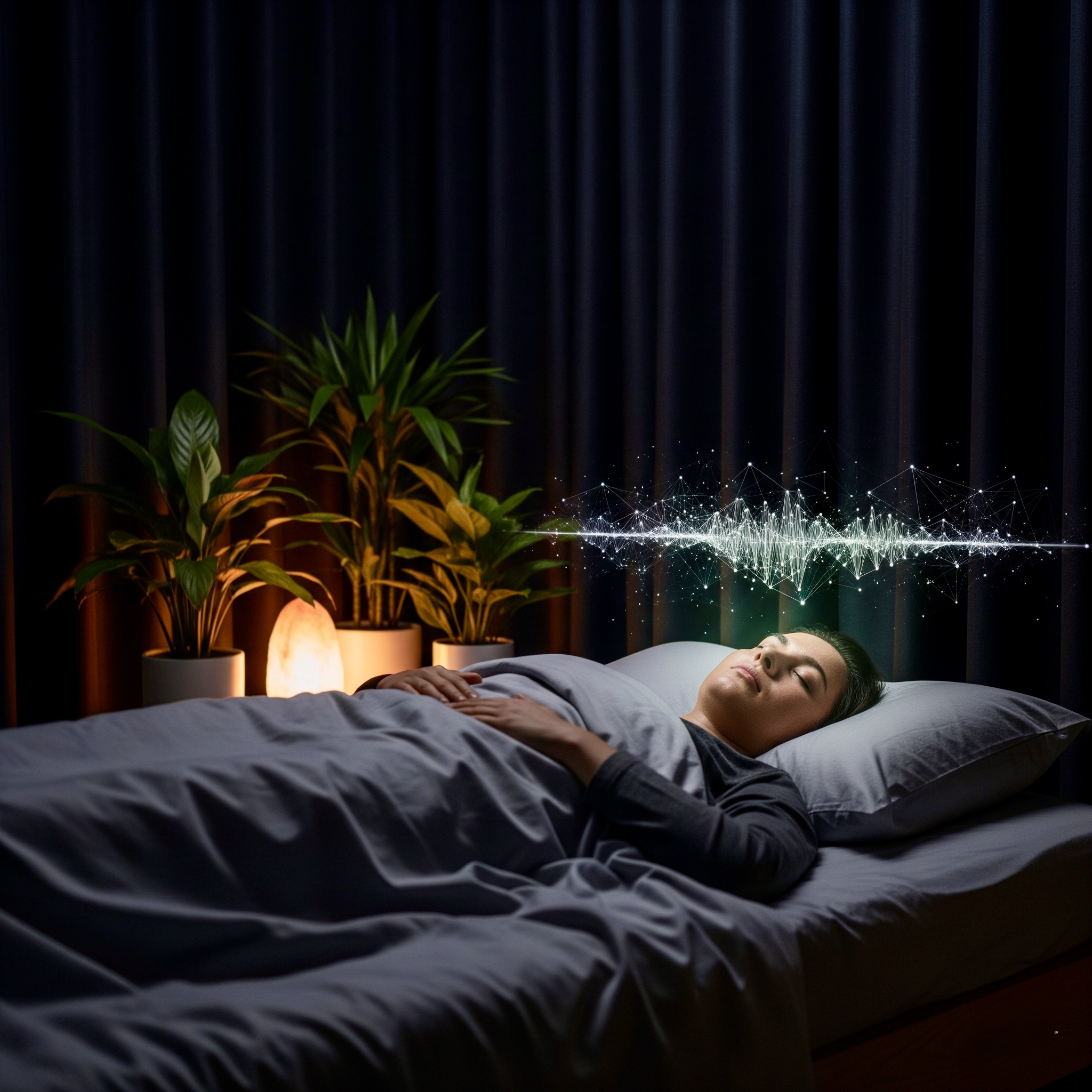 Person in optimized sleep environment representing sleep science mental performance and brain optimization during rest