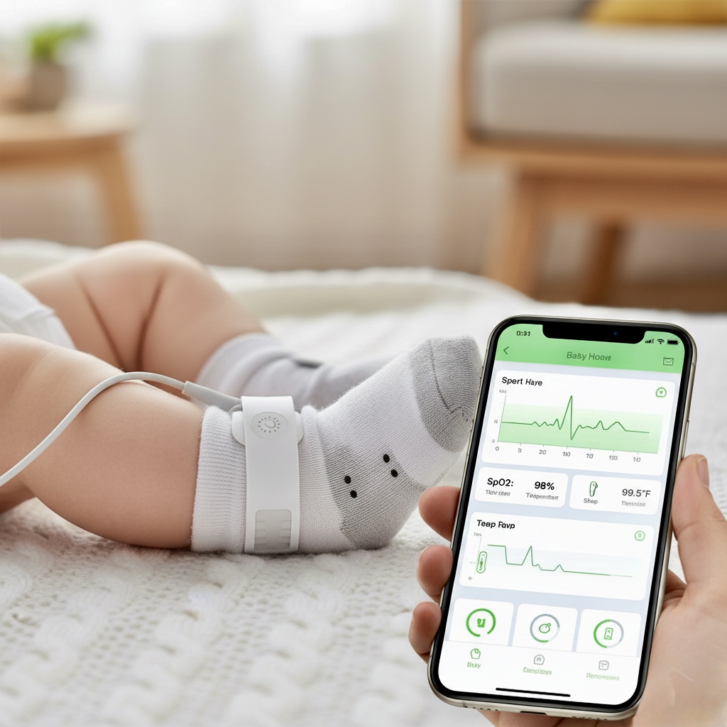 baby wearing smart sock linked to baby care Technology in a sleep monitoring app