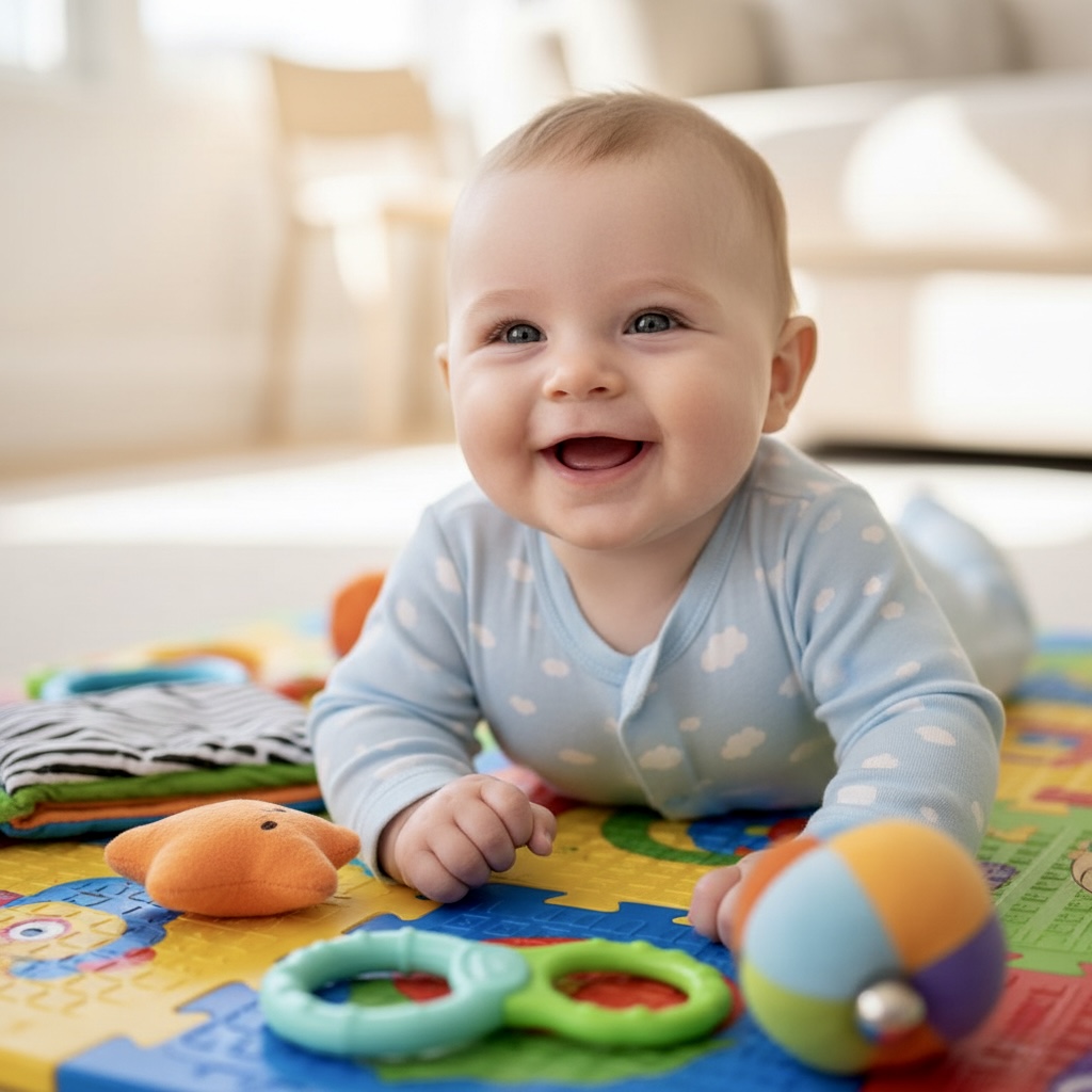 baby playing with developmental toys and baby sleep monitoring app nearby
