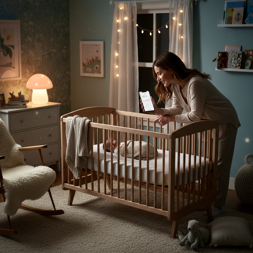 A mother using a newborn sleep tracker, monitoring app