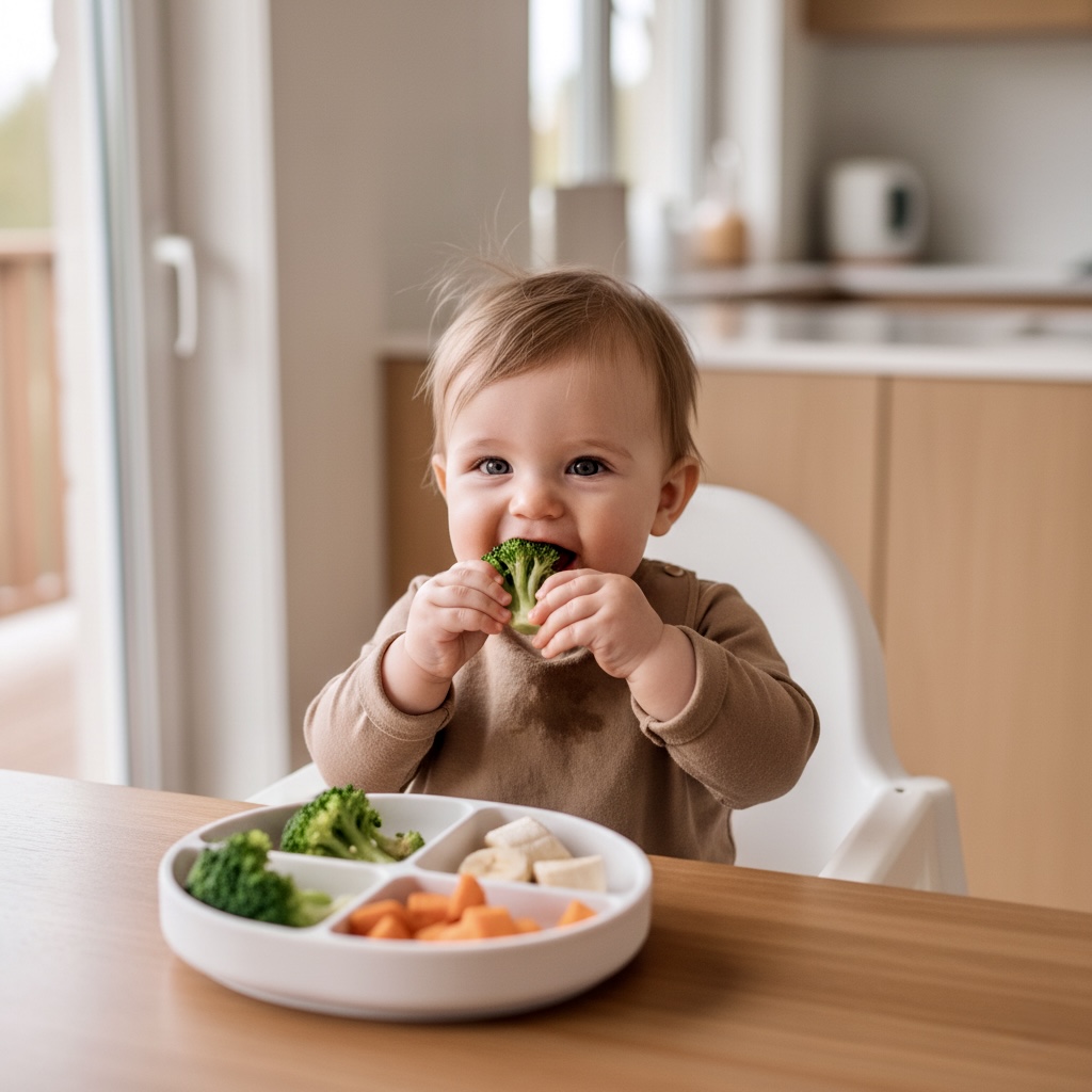 Healthy Foods for Babies, nutrition guide showing self-feeding with healthy food for babies and toddlers