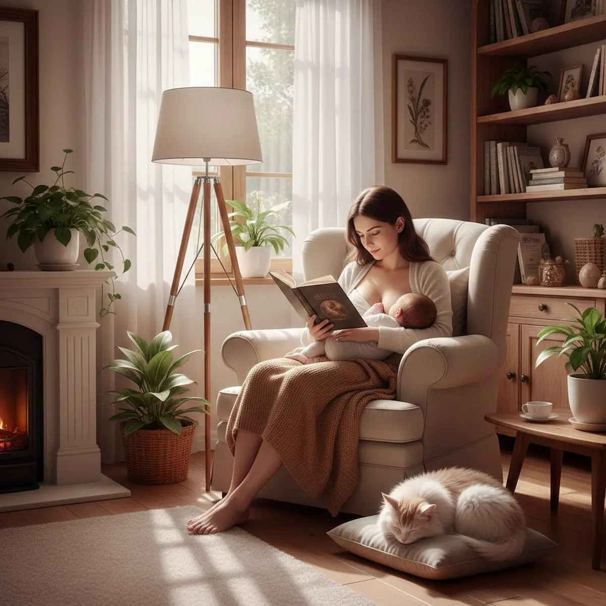 Mother practicing personal growth for new parents through reading while breastfeeding baby