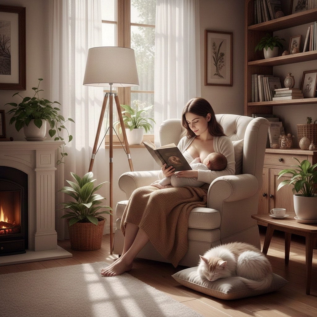 Mother practicing personal growth for new parents through reading while breastfeeding baby