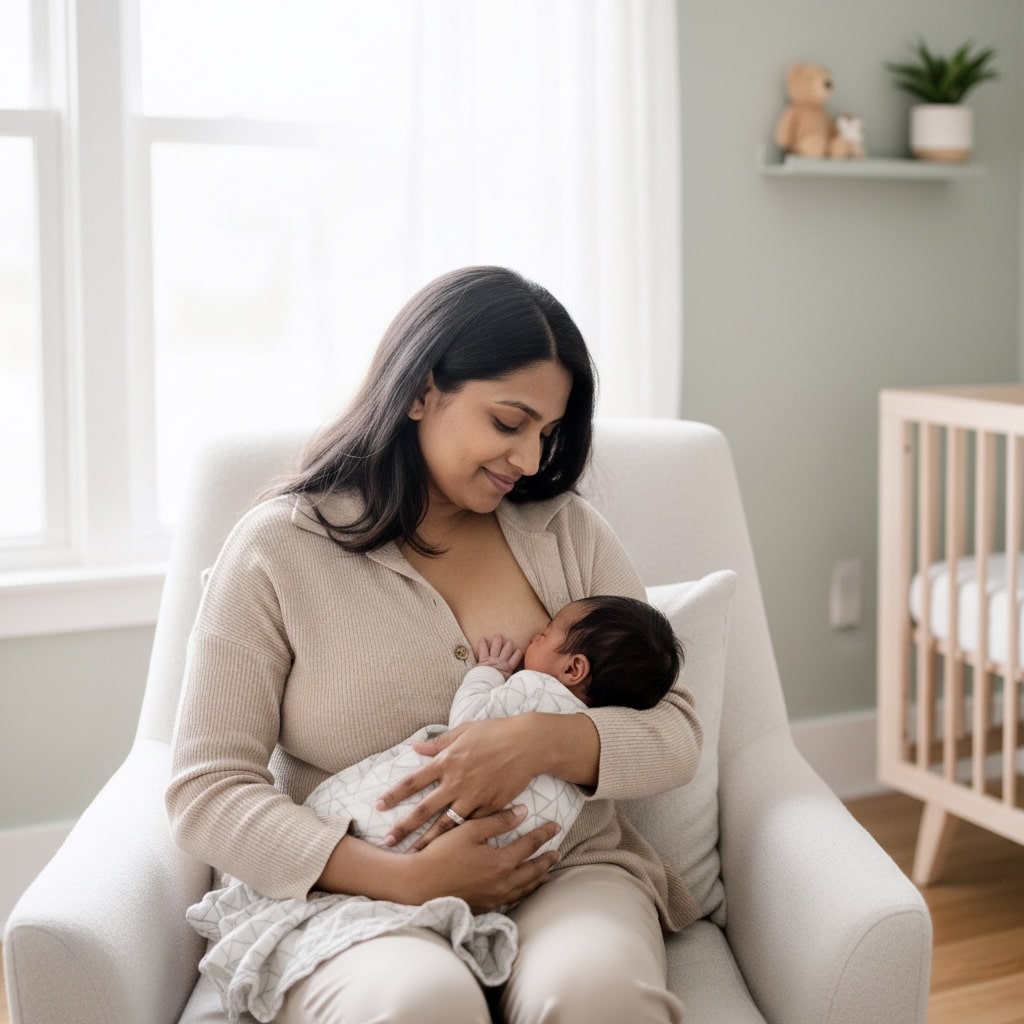 Mother breastfeeding newborn baby showing breastfeeding benefits including nutrition and bonding