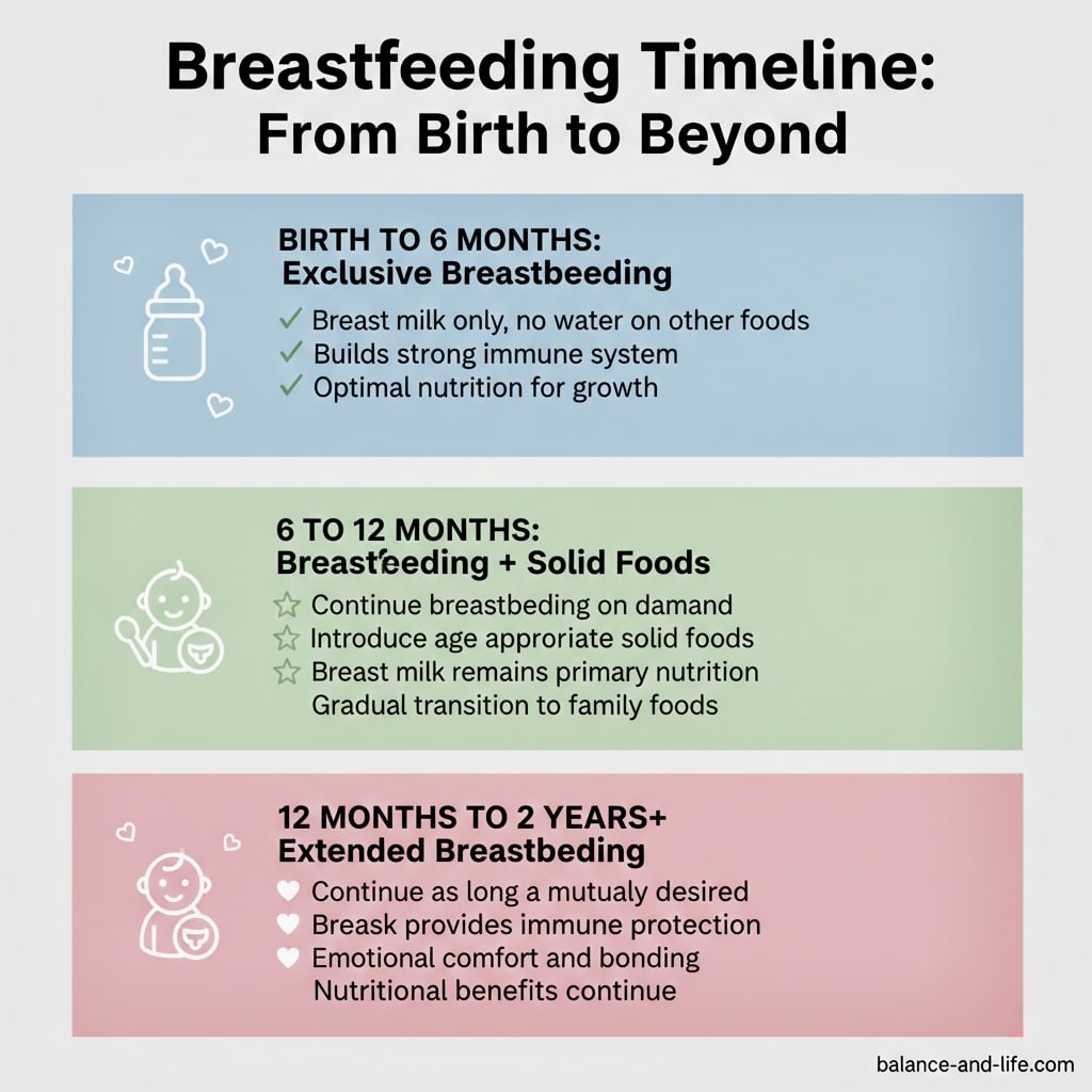 Breastfeeding benefits timeline infographic showing exclusive breastfeeding from birth to 6 months, continued breastfeeding with solid foods from 6 to 12 months, and extended breastfeeding beyond 2 years
