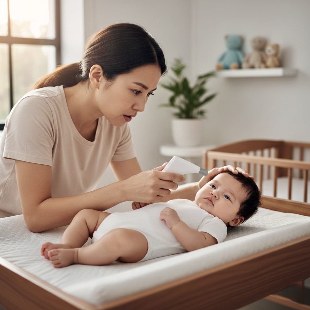 "Parent checking baby health warning signs including temperature and breathing for infant emergency symptoms"