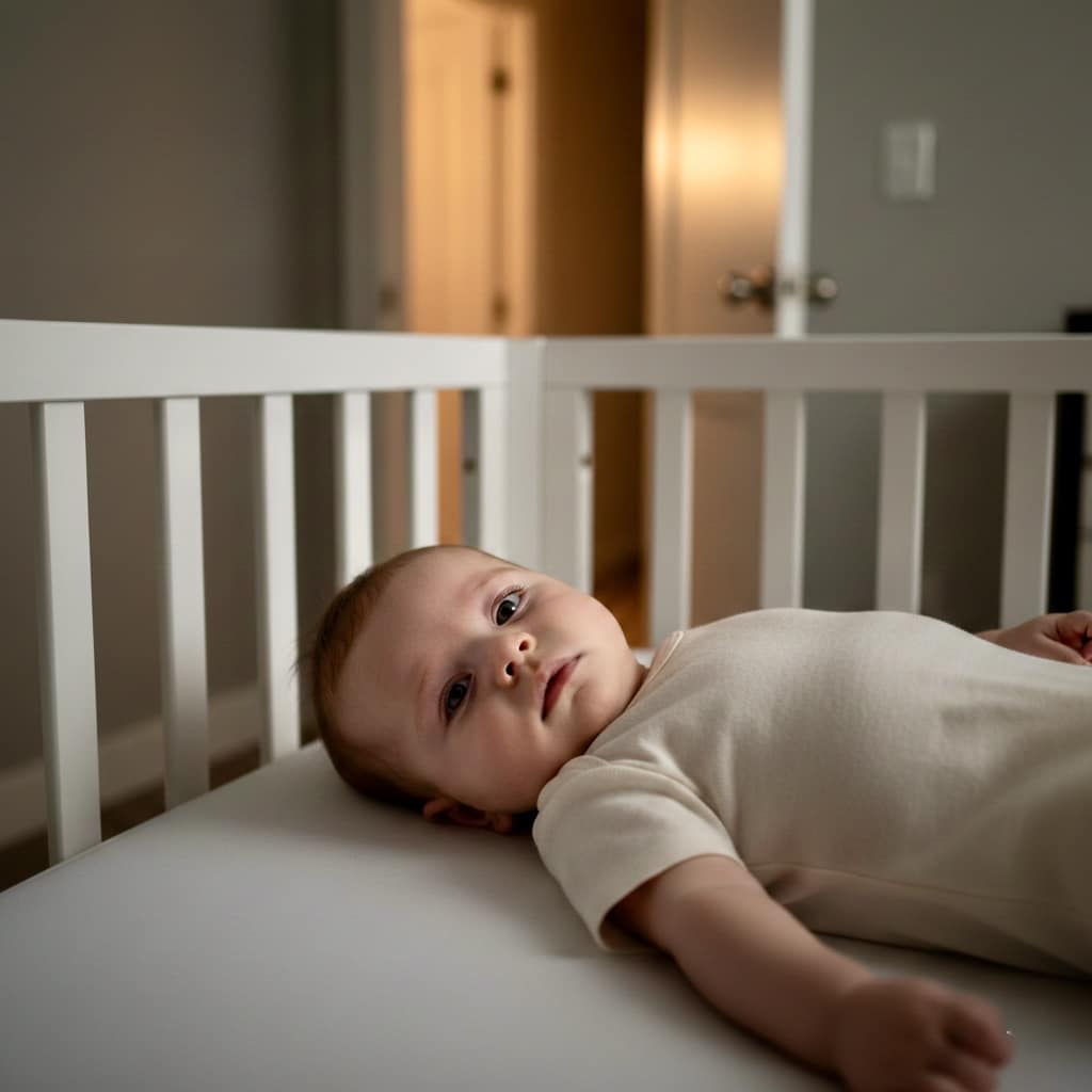 "Baby sleep problems lying awake in crib at night showing common infant sleep disorders symptoms"