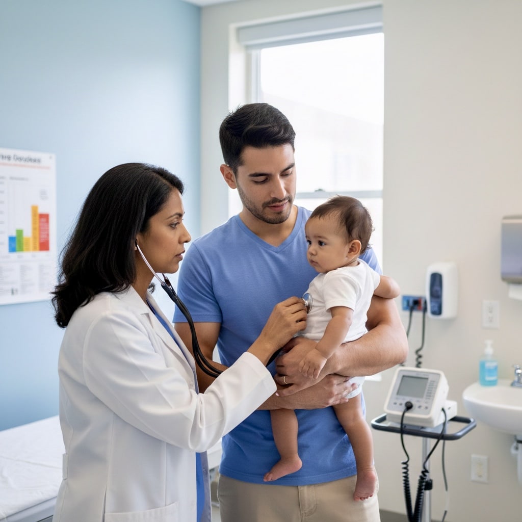 "Pediatrician examining infant for dangerous baby health signs during emergency medical evaluation"