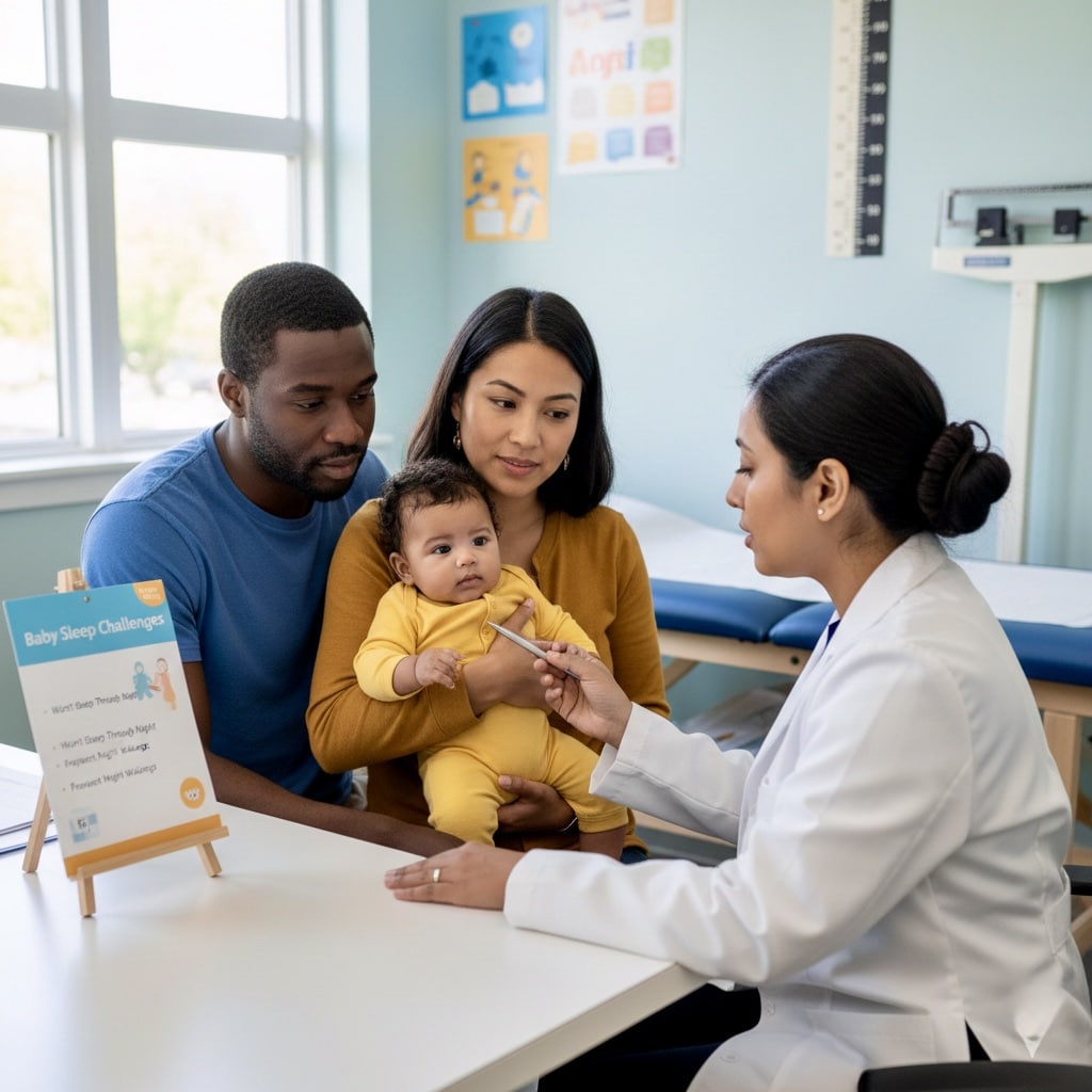 "Baby sleep problems consultation with pediatrician discussing infant sleep disorders and treatment options"